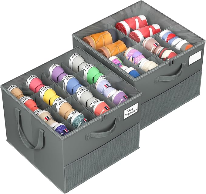 Large Reinforced Shoe Organizer for Closet with Adjustable Dividers, Gray | Customizable Compartments for Sneakers, Boots, Heels, Sandals, Clothes, Towels and Toys, Versatile Cube Storage Organizer