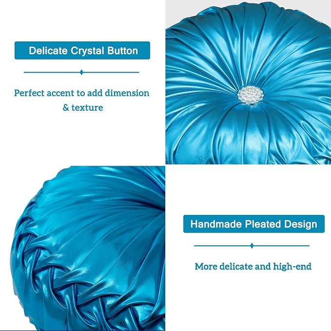HIG Set of 2 Blue Metallic Leather Decorative Round Pleated Throw Pillows | Vintage Floor Pillows, Classy Accent Pumpkin with Center Button, for Sofa Couch Vanity Chair Bed, 14.5" Diameter