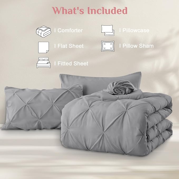 JOLLYVOGUE Twin XL Comforter Set 5 Pieces - Bed in a Bag Twin XL for All Season, Pintuck Bedding Comforter Sets with Comforter, Flat Sheet, Fitted Sheet and Pillowcases & Shams, Light Grey