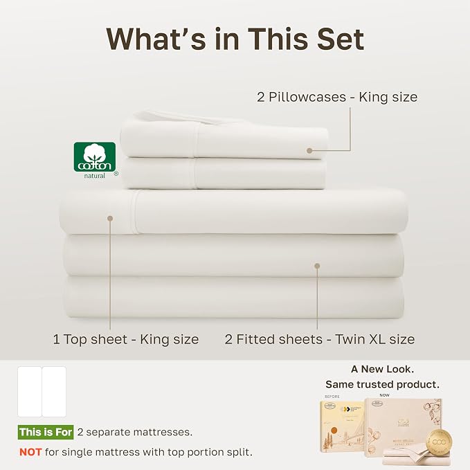 California Design Den 100% Cotton Sateen Split King Sheets Set, 5 Pcs | 400 Thread Count with Good Housekeeping Seal, Split King Sheets Sets for Adjustable Bed with 2 Separate Twin-XL Mattresses