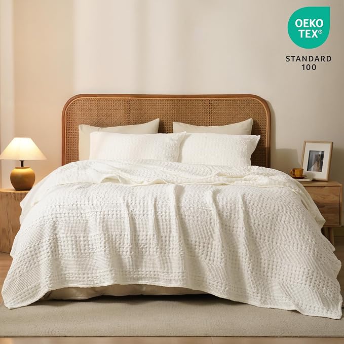 PHF Lightweight 100% Cotton Waffle Blanket for Bed, Queen, Ivory | Pre-Washed Soft Cotton Comfort, Breathable Layering Warmth for Fall & Winter, Bed, Sofa, Couch, Home Decor & Gifts