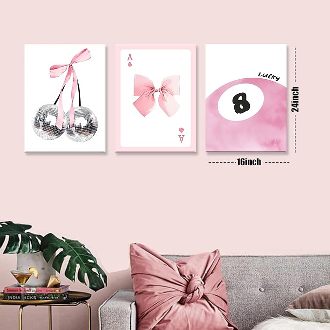Framed Pink Canvas Wall Decor Set of 3, Pink Bow Wall Art Oil Painting, Girls Preppy Room Decor Picture, Trendy Disco Ball Print Poster for Teen Girl Apartment Bedroom Living Room Aesthetic 16x24 Inch
