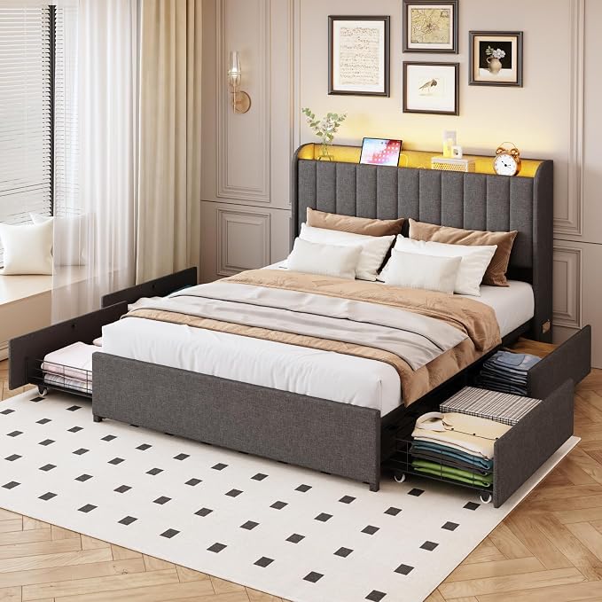 Queen Bed Frame with 4 Drawers and Storage Headboard, Upholstered Platform Bed Frame Queen Size with Led Lights and Handy Charging Station, No Box Spring Needed, Easy Assembly, Noise Free, Gray