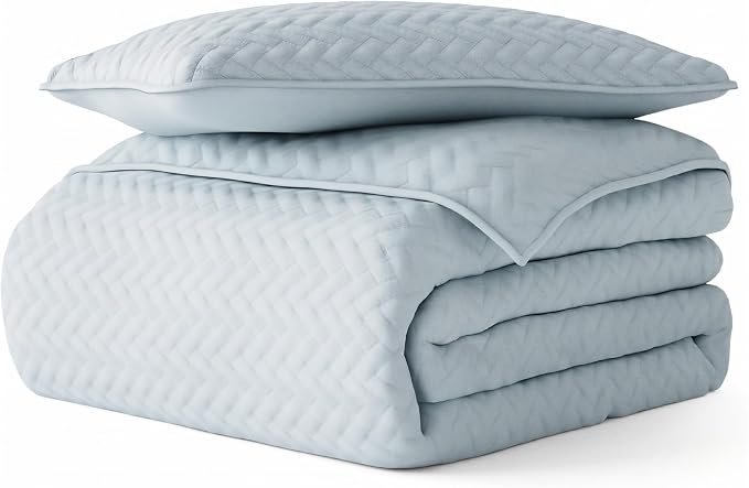 Merit Linens Classic Quilt Coverlet Soft Set in Herringbone Stitching - Twin/TwinXL Pale Blue