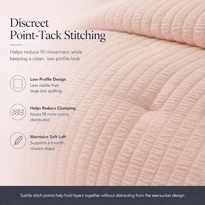 Twin XL Comforter Set, 5 Pieces Blush Pink Seersucker Bed in a Bag | OEKO-TEX Certified, College Dorm Twin Extra Long, 240 GSM Down Alternative Comforter, Flat & Fitted Sheets, Pillowcase & Sham