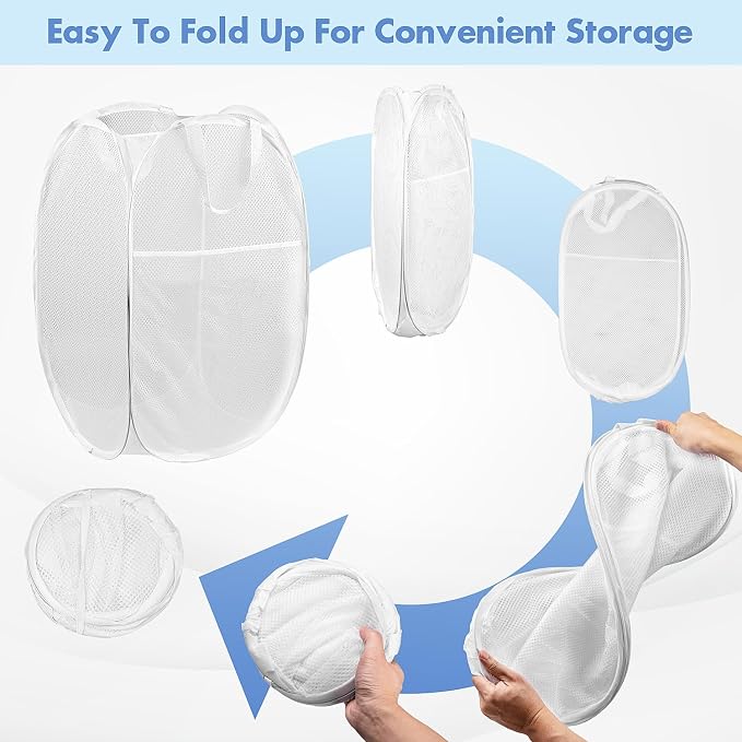 Pop Up Laundry Hamper, 70 L Collapsible Mesh Basket with Side Pocket, White | Reinforced handles, breathable fabric, foldable, portable for dorm college travel camping cruise, dirty clothes, toys storage