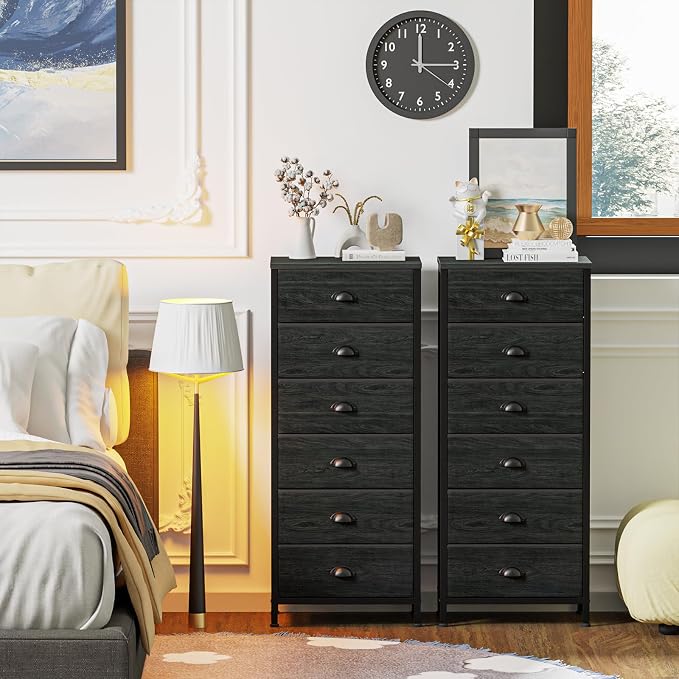 Furnulem Black Dresser for Bedroom, Tall Fabric Chest of Drawers | Bedroom Dresser with 6 Fabric Bins, Vertical Storage Drawer for Dorm, Organizer in Closet, Living Room, Wood Top, Metal Frame