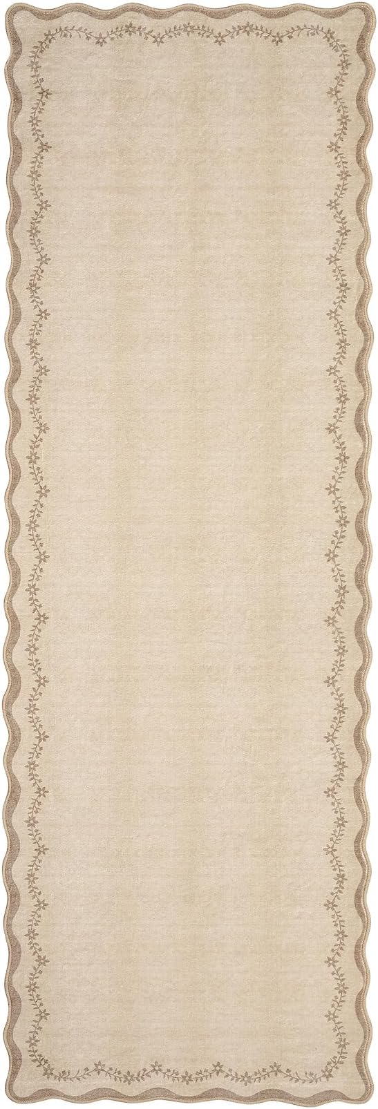 GarveeHome 2.5x8 Scalloped Washable Runner Rug Non Slip Hallway Kitchen Rug | Soft Long Hall Runner Jute Tan Entryway Rug Farmhouse Thin Laundry Mat Stain Resistant Carpet for Bathroom Beside Rug