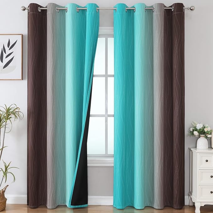 Brown and Teal Ombre Blackout Curtains for Bedroom 90 Inch | Light Blocking Gradient Curtains for Living Room,Thermal Insulated,Room Darkening Grommet Window Drapes,52Wx90L,2 Panels Set