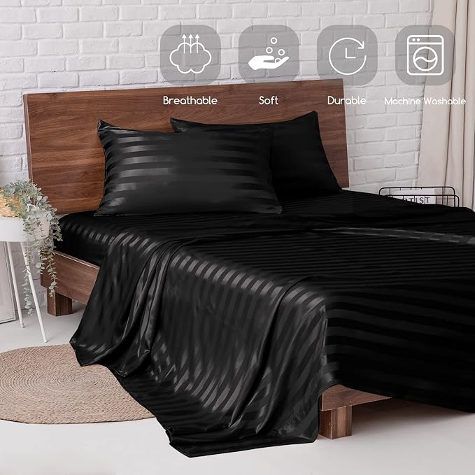 MR&HM Satin Sheets King Size with Elastic Corner Straps, Black Striped | Similar to Silk, 4-Piece Silky Soft Bed Sheet Set, Gentle on Skin and Hair, 15" Deep Pocket, Cooling & Breathable