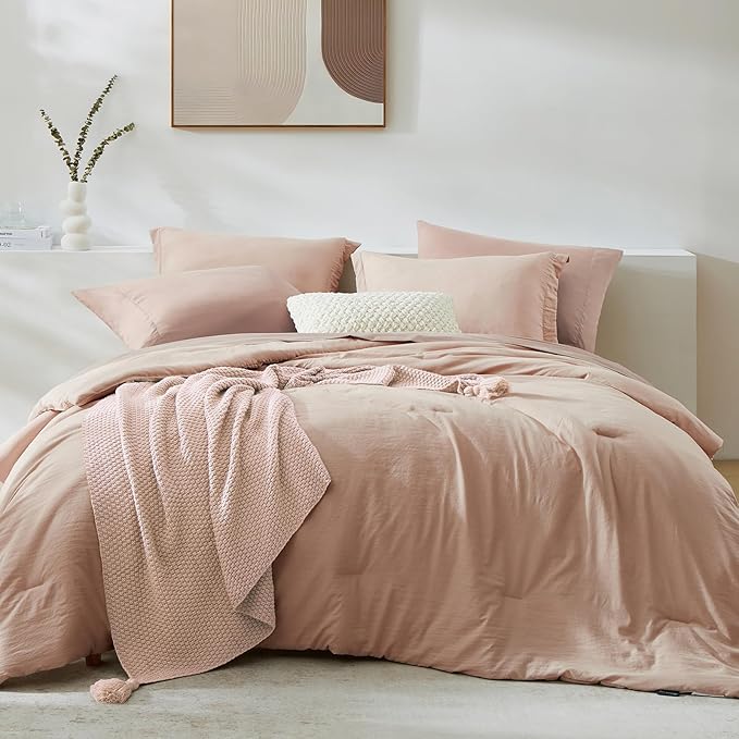 King Size Comforter Set- 7 Pieces Prewashed Bed in a Bag King Bedding Sets | Soft All Season Comforter with Sheets, Pillow Shams & Pillowcases,Clay Pink