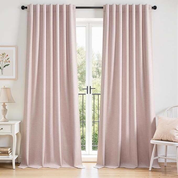Topfinel Pink Linen Curtains 120 Inches Long for Girls Bedroom Living Room 100% Blackout Extra Long 120 Inch Length Curtains Drape Back Tab Window Panels Pink Blush Babys Nursery 2 Panels