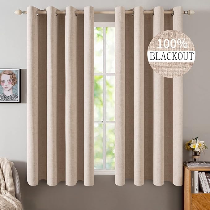 MIULEE 100% Blackout Linen Curtains for Bedroom 52x48 Inches Natural Beige | Room Darkening, Light Blocking, Thermal Insulated, Grommet Top, Linen Textured, Window Curtains for Living Room, 2 Panels