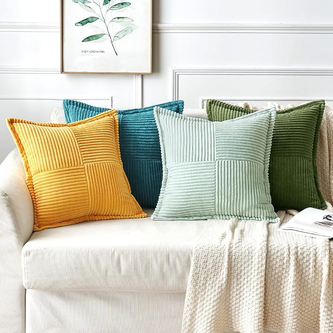 MIULEE Decorative Throw Pillow Covers for Couch 20x20 Inch Light Green | 2 Pack, Boho Broadside Striped Patchwork Pillow Covers, Soft Corduroy Cushion Cases, For Sofa Bed Livingroom Home Decor