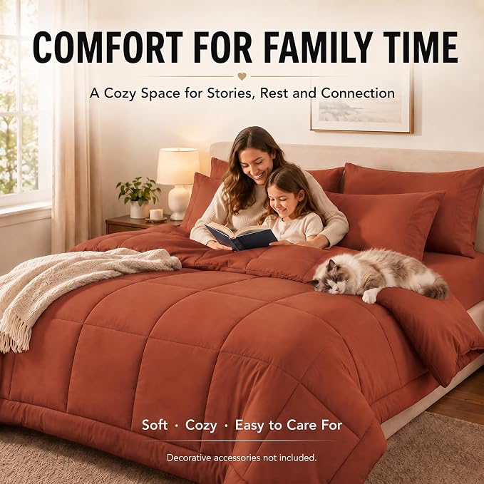 King Size Comforter Set Terracotta - 7 Pieces Orange Bed in a Bag | OEKO-TEX Certified, All-Season, Bedroom, Guest Room, Down-Alternative Comforter + Flat & Fitted Sheets + 4 Pillowcases