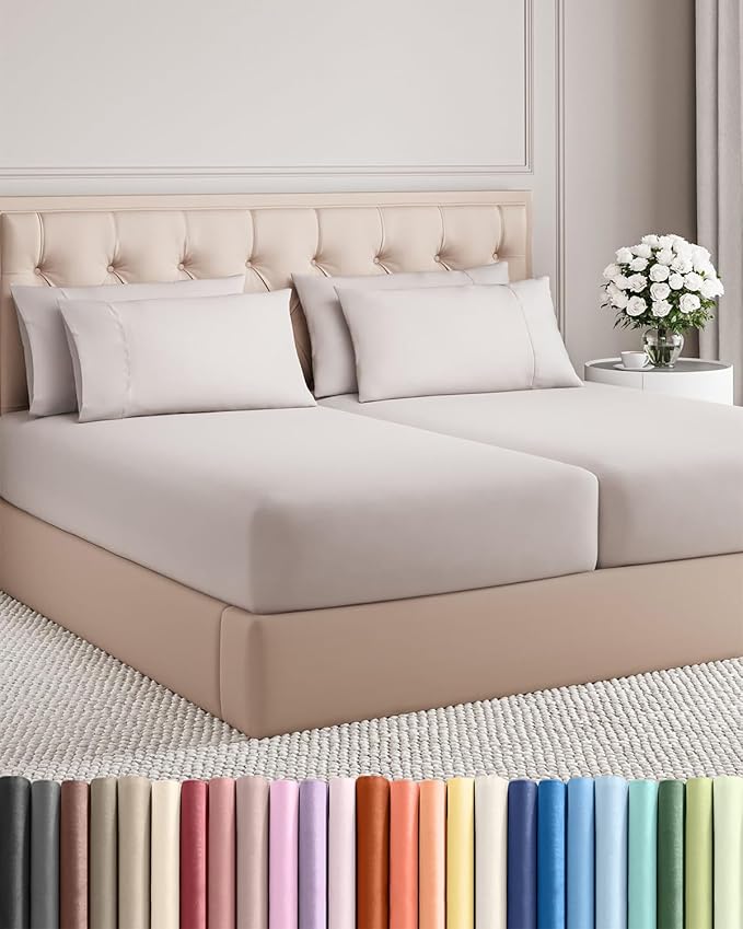 Split King 7 Piece Bed Sheet Set - Comfy, Breathable & Cooling - Light Grey | Ultra-Soft Hotel Luxury Bedding Set w/ 8-16 Inch Deep Pockets, 1 Flat & 2 Fitted Sheet & 4 Pillowcases, Wrinkle & Fade Free