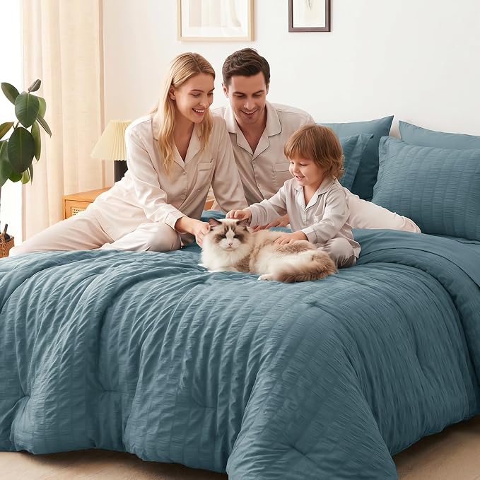 Twin Comforter Set, 5 Pieces Mineral Blue Seersucker Bed in a Bag | OEKO-TEX Certified, All Season Bedding Sets with 240 GSM Down Alternative Comforter, Flat & Fitted Sheets, Pillowcase & Sham