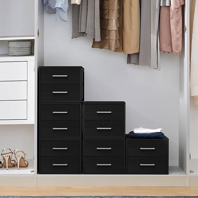 BOLUO Stackable Storage Drawers Narrow Closet Organizers and Storage Fabric Black 2 Drawer Dresser for Bedroom 2 Packs Modern