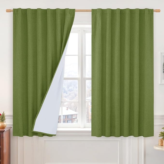 Full Blackout Linen Bedroom Curtains 54 Inch for Small Window | Sage Green, Thermal Drapes,Linen Textured, Privacy Protected, Rod Pocket Back Tab Panels, White Liner, 2 Panels, 52 x 54 Inch
