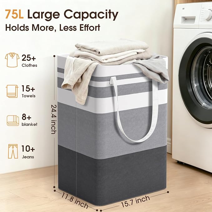 HomeHacks 2 Pack Large Laundry Baskets, Laundry Hampers Bags (Grey 75Lx2) | Waterproof, Freestanding, Collapsible Clothes Hamper with Reinforced Handles in Laundry Room, Dorm, Bathroom, Bedroom