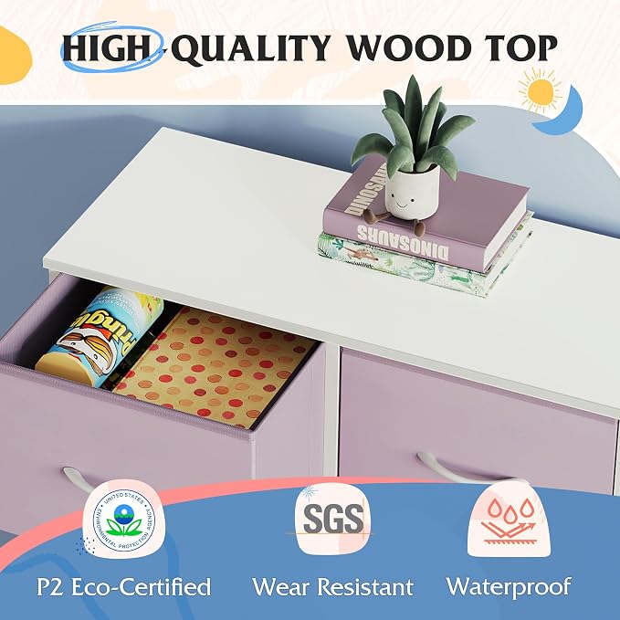 WLIVE Dresser for Bedroom, 7 Drawers, TV Stand, Purple | 7 roomy fabric drawers, Fits TVs up to 45 inch, Bedroom or living room, Wide storage design, Chest of drawers