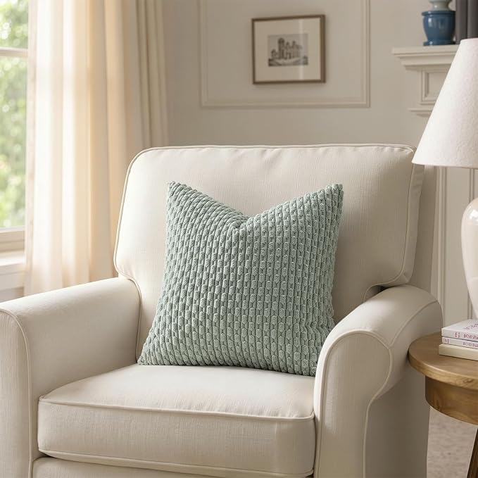MIULEE Decorative Throw Pillow Covers 18x18 Greyish Green Textured Corduroy | Pack of 2 Striped Pillow Covers Modern Farmhouse Home Decor for Couch Bed Sofa Living Room