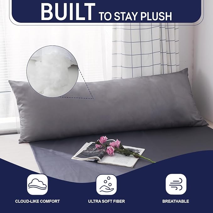 DOWNCOOL Large Body Pillow Insert- Breathable Full Body Pillow for Side Sleeper - Soft Long Bed Pillow for Adults - 20 x 54 inch (Grey)