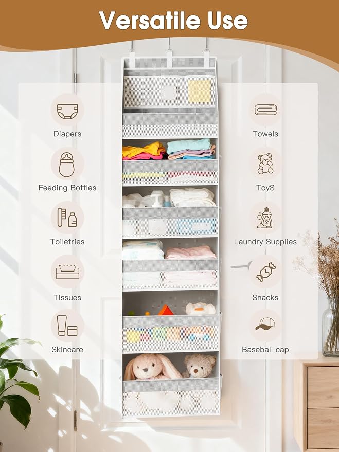 2 Pack Over The Door Organizer, Heavy-Duty 6-Shelf Hanging Storage with 13 Mesh Pockets, 55lbs Capacity Behind The Door Storage for Nursery, Bathroom, Bedroom, and Dorm, Grey