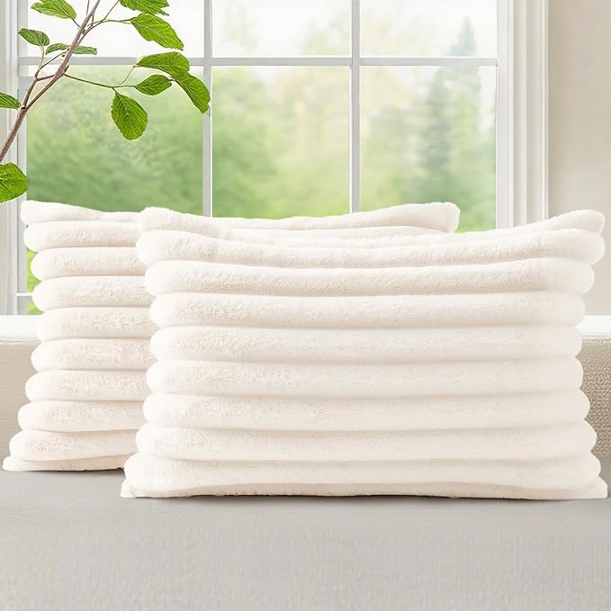 decorUhome Fall Faux Fur Throw Pillow Covers 12x20 Set of 2 Cream White | Decorative Soft Cozy Striped Plush Modern Farmhouse Boho Couch Pillow Cases Velvet Back for Sofa Bed Living Room Home Decor