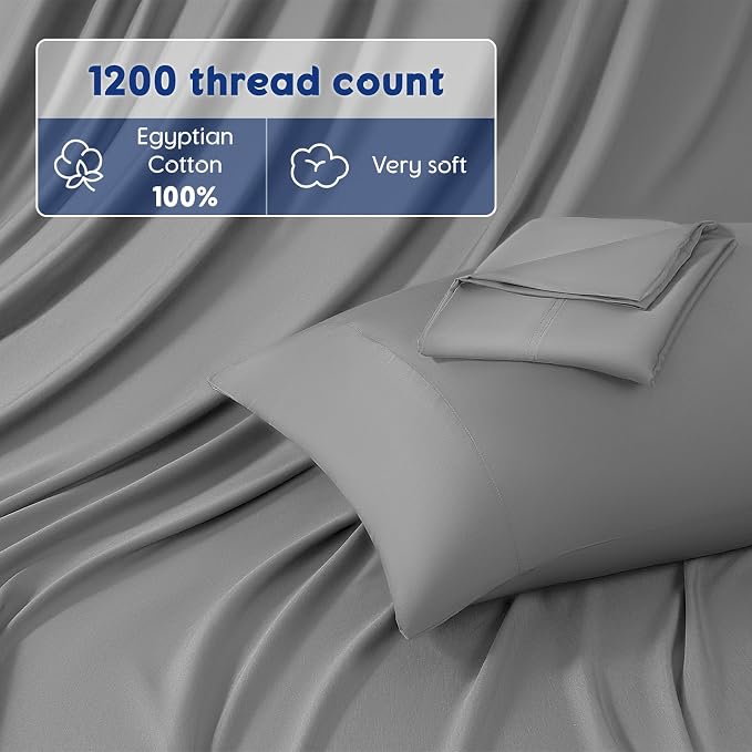 SONORO KATE 100% Egyptian Cotton Sheets,1200 Series,Full Size | Soft Breathable & Cooling LuxuryHotel Cotton,Sateen Weave for Soft Feel,Fits Upto 16" Mattress,4PC,Grey