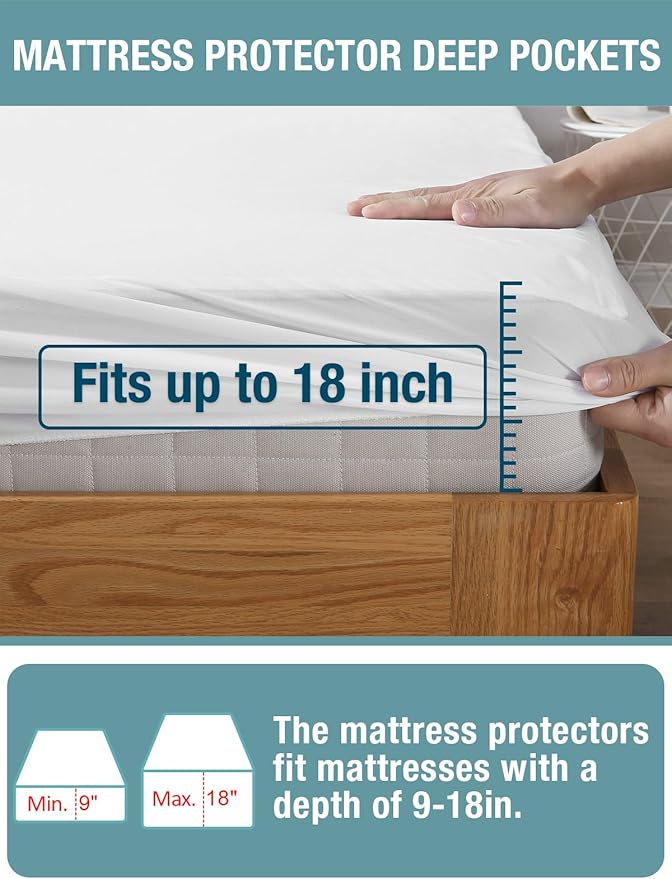 Bedecor 2 Pack Queen Waterproof Mattress Protector,Terry Top Fitted 9"-18" | TPU layer blocks urine & spills, Ultra-thin, keeps your mattress feel, For bedwetting, pets, incontinence