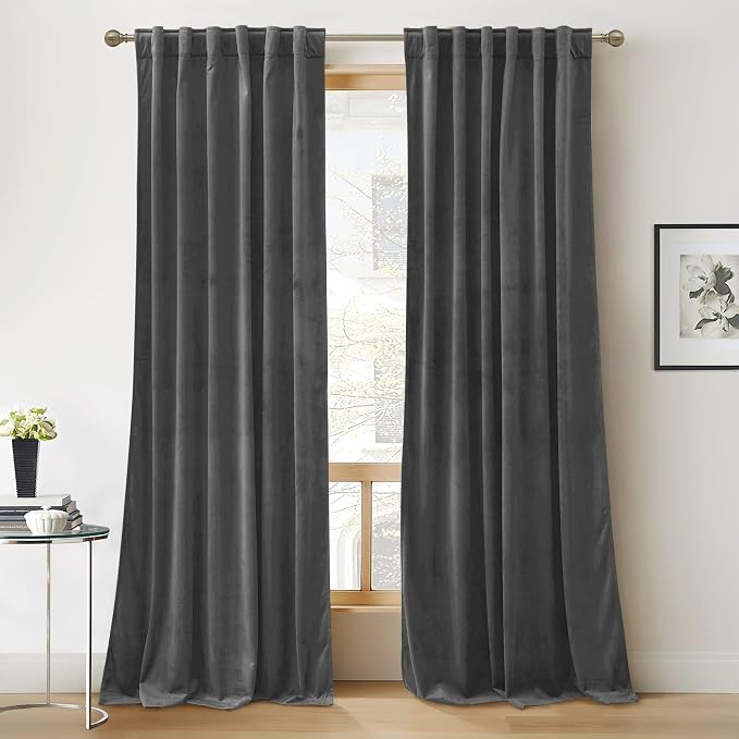 RYB HOME Velvet Curtains 102 inches Long, Extra Long High Ceiling Curtains | Thermal Insulated, Luxurious Home Decor, Curtains for Apartment Loft Large Windows, W52 x L102, Grey, 2 Panels Set