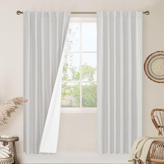 100% Blackout Natural Linen Curtains 78 Inches 2 Panels, 52 x 78 Inch | Linen Textured, Thermal Bedroom Curtains, Living Room, Privacy, Rod Pocket Back Tab Panels, with White Liner, Light Grey