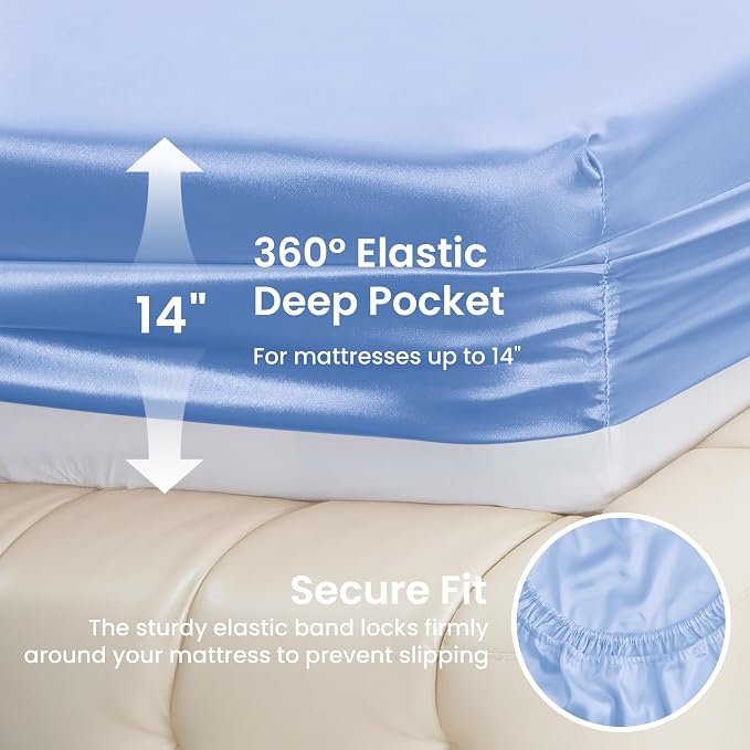 Love's cabin Full Size Satin Sheet Sets - 4 Piece Sky Blue Silky Sheet Set Full with Deep Pocket, Luxury Silk Feel Bed Sheets Full Bedding Set (1 Flat Sheet,1 Fitted Sheet,2 Pillow Cases)