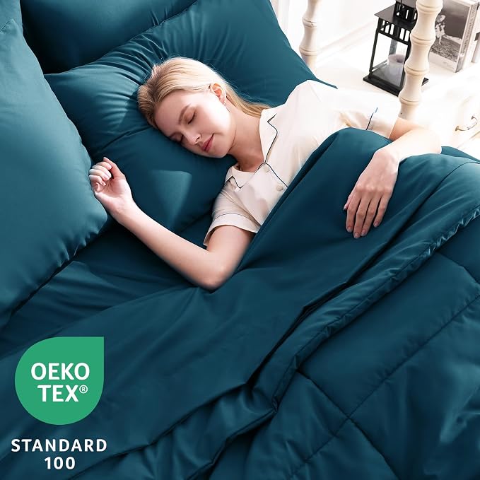 King Size Comforter Set Lyons Blue - 7 Pieces Bed in a Bag | OEKO-TEX Certified, All-Season, Bedroom, Guest Room, Down-Alternative Comforter + Flat & Fitted Sheets + 4 Pillowcases
