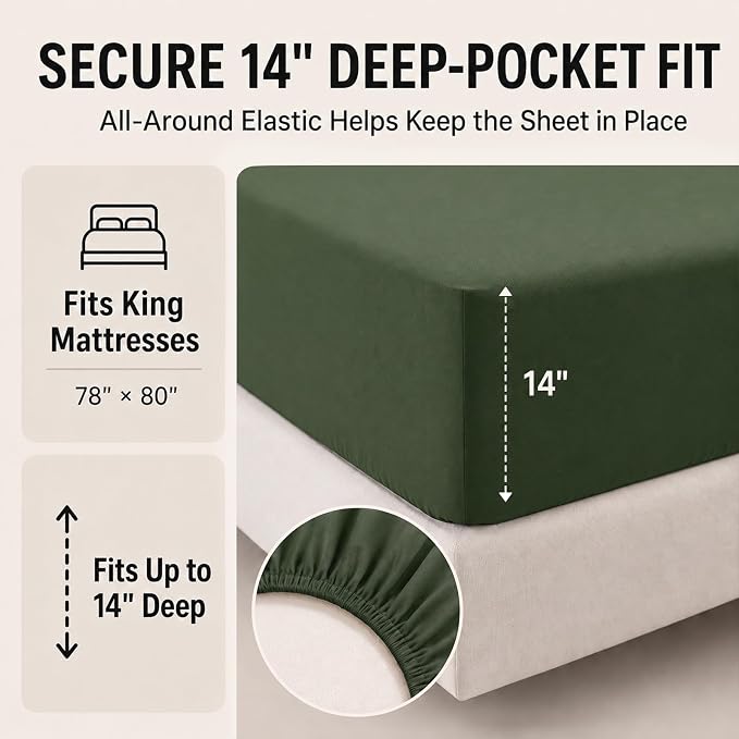 King Size Comforter Set Olive Green - 7 Pieces Bed in a Bag | OEKO-TEX Certified, All-Season, Bedroom, Guest Room, Down-Alternative Comforter + Flat & Fitted Sheets + 4 Pillowcases