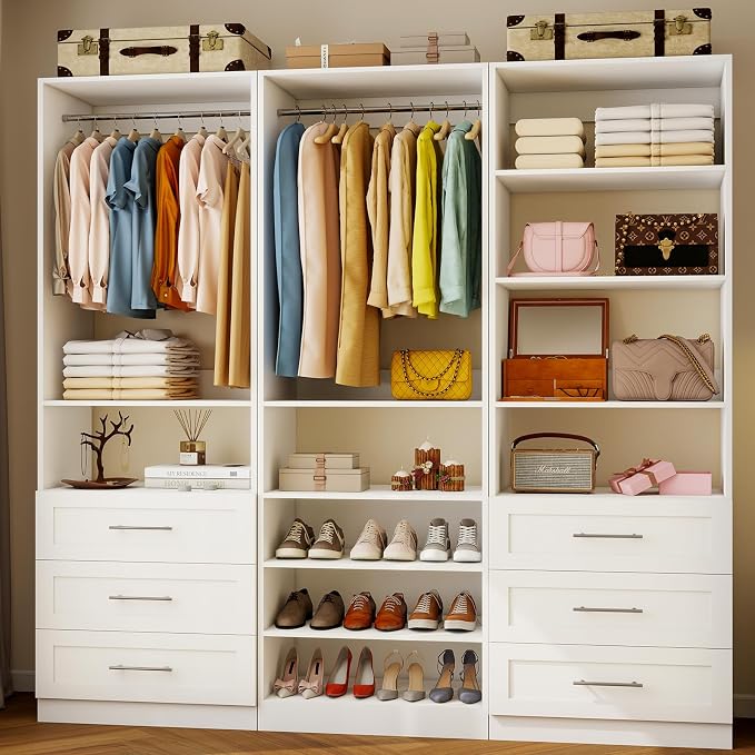 Closet System with 3 Sets, 6–15 FT Closet Organizer System with 6 Drawers, 9 Shelves & 5 Rods, Walk-In Modular Closet System, Custom Built-In Closet Kit, White