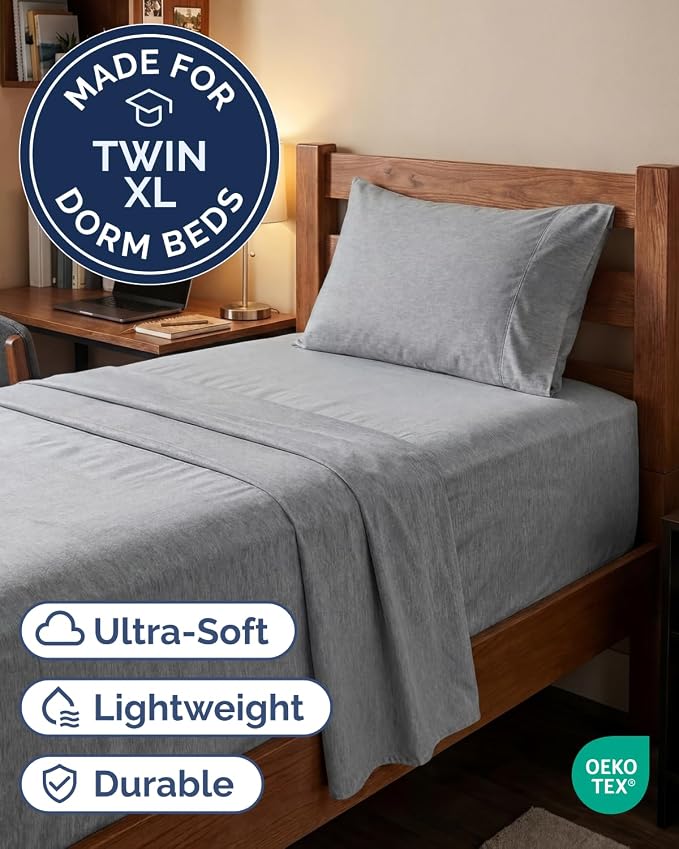 Extra Deep Twin XL Sheet Set - 3 Piece College Dorm Room - Heathered Grey | Soft, Breathable & Cooling, Easily Fits 18 to 24 inch Mattress, Wrinkle Free & Fade Resistant with Extra Deep Pockets