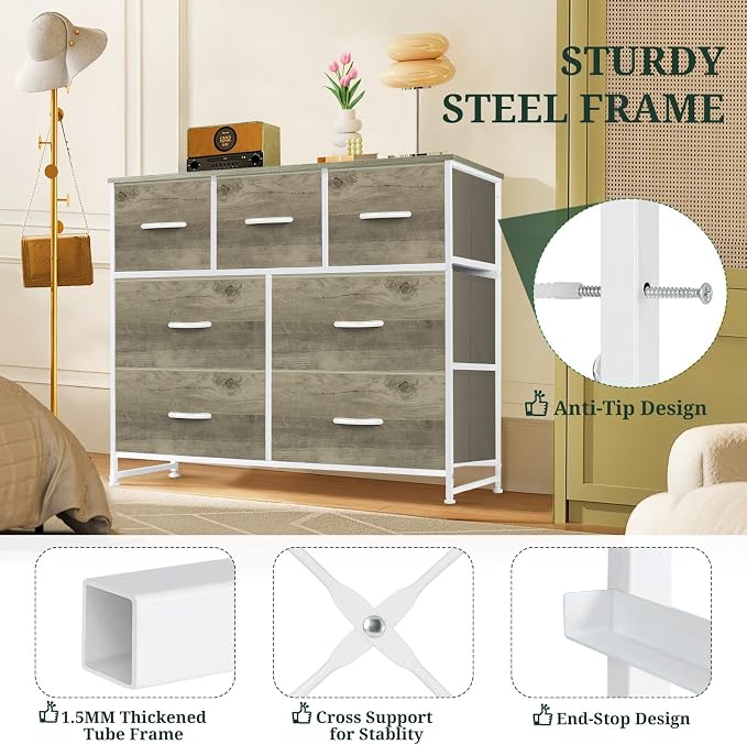 7-Drawer Dresser for Bedroom, Anti-Tip Wide Storage Organizer Fabric | Chest of Drawers TV Stand for 45" TV with Wooden Top and Metal Frame for Closet, Living Room, Hallway, Entryway, Greige Oak