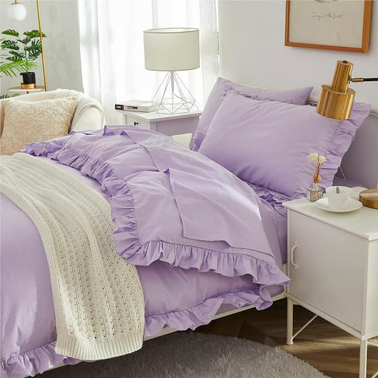 Brandream Kid's Duvet Cover Twin/Twin XL Size 100% Cotton 2pcs Girl Bedding Duvet Cover Shams Set, Delicate Ruffle Fringe Solid Color Soft and Breathable (Purple)