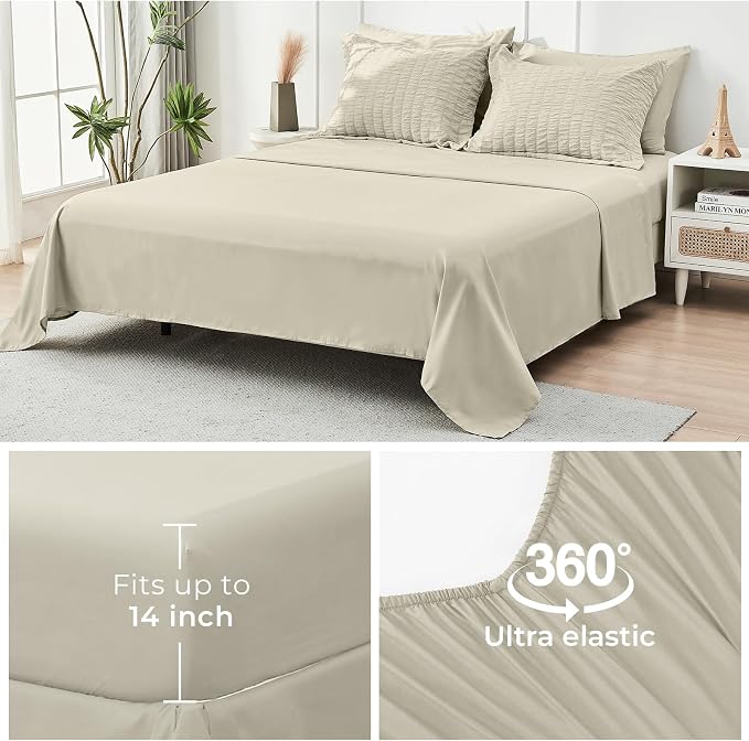 HYMOKEGE Light Linen King Size Comforter Set Seersucker 7 Pieces, All Season Luxury Bed in a Bag for Bedroom, Bedding Set with Comforter, Sheets, Pillowcases & Shams