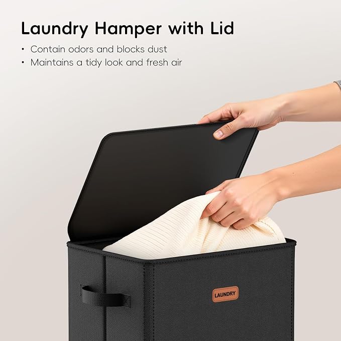 100L Laundry Hamper with Lid, Large Clothes Hampers with Removable Bag, Collapsible Laundry Basket for Bathroom, Bedroom, Laundry Room, Dorm, Black