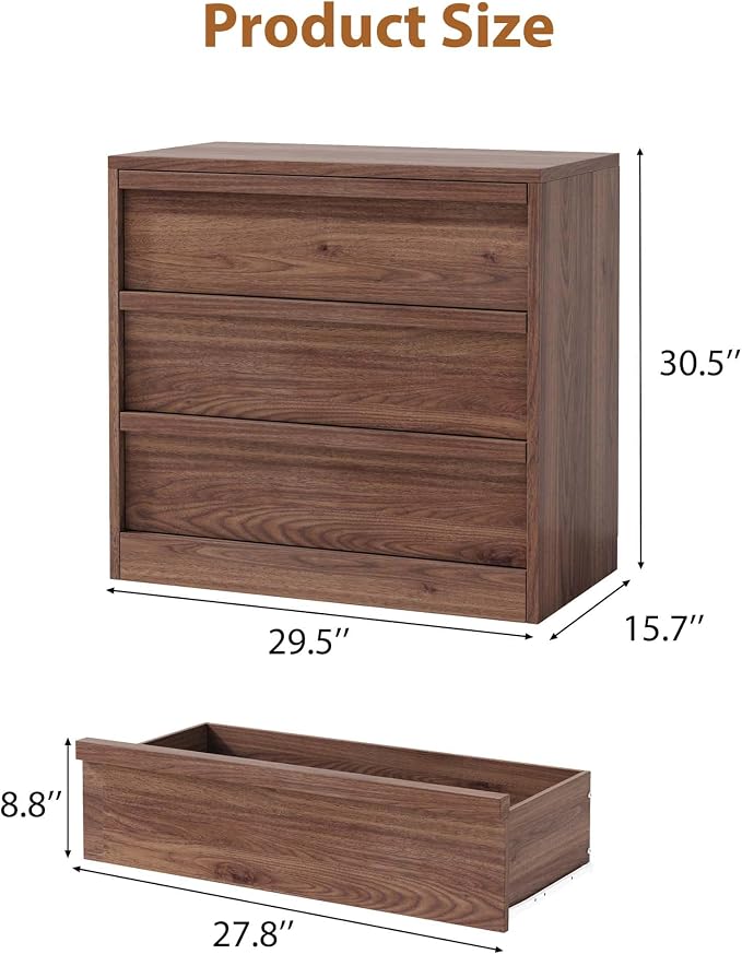 Garvee 3 Dresser for Bedroom, 30.5" Tall Dresser, Freestanding Vertical Drawer with Storage, Wooden Closet Chest Storage for Living Room, Hallway, Entryway, Walnut