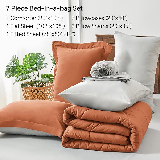 BEDELITE King Comforter Set 7 Pieces, Reversible Burnt Orange Bed in A Bag | Soft All Season Down-Alternative Comforter, Sheets, Pillowcases & Shams, OEKO-TEX Certified Bedding for Bedrrom, Guest Room