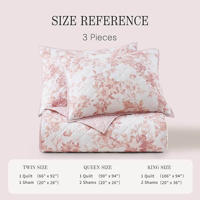 BLOOMHAVEN Queen Quilt Set-3 Pieces Soft Bedding Floral Reversible Coverlet | All Seasons Lightweight Quilts Queen Size for Bed, Breathable Vintage Bedspread with Shams, Dusty Rose Pink