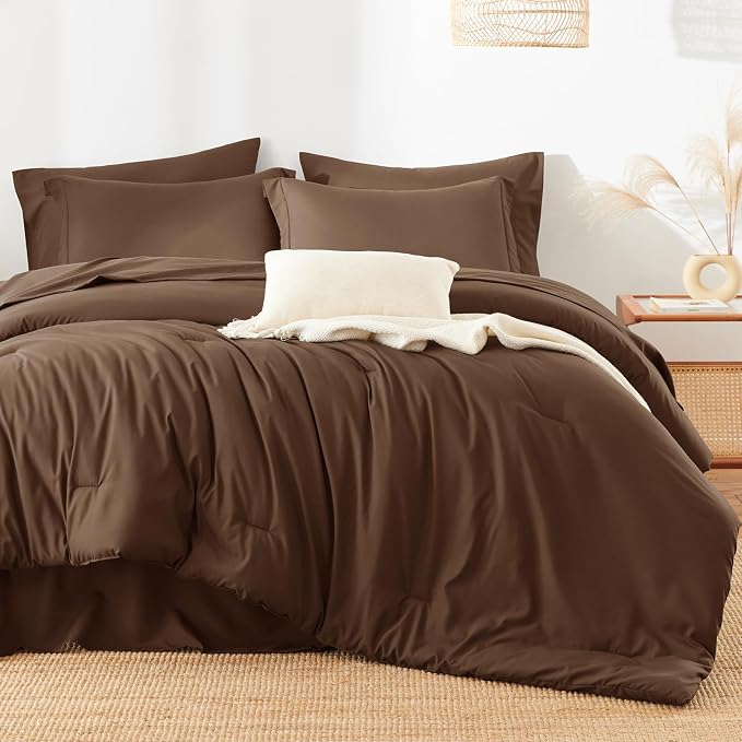 HIMEET Full Comforter Set, 7-Piece Point-Quilted Bed in a Bag, Brown | OEKO-TEX Certified, Lightweight 240 GSM Comforter, Flat Sheet, 14-Inch Deep-Pocket Fitted Sheet, Pillowcases & Shams