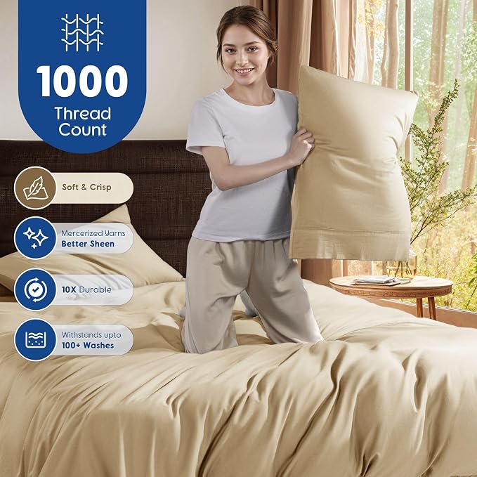 SONORO KATE 1000 Series 100% Egyptian Cotton Queen Duvet Cover Set,3PC | Long Staple Cotton,Sateen Weave,Soft,Breathable,Luxury Hotel Bedding,All-Season,Hidden Zipper Closure,Beige