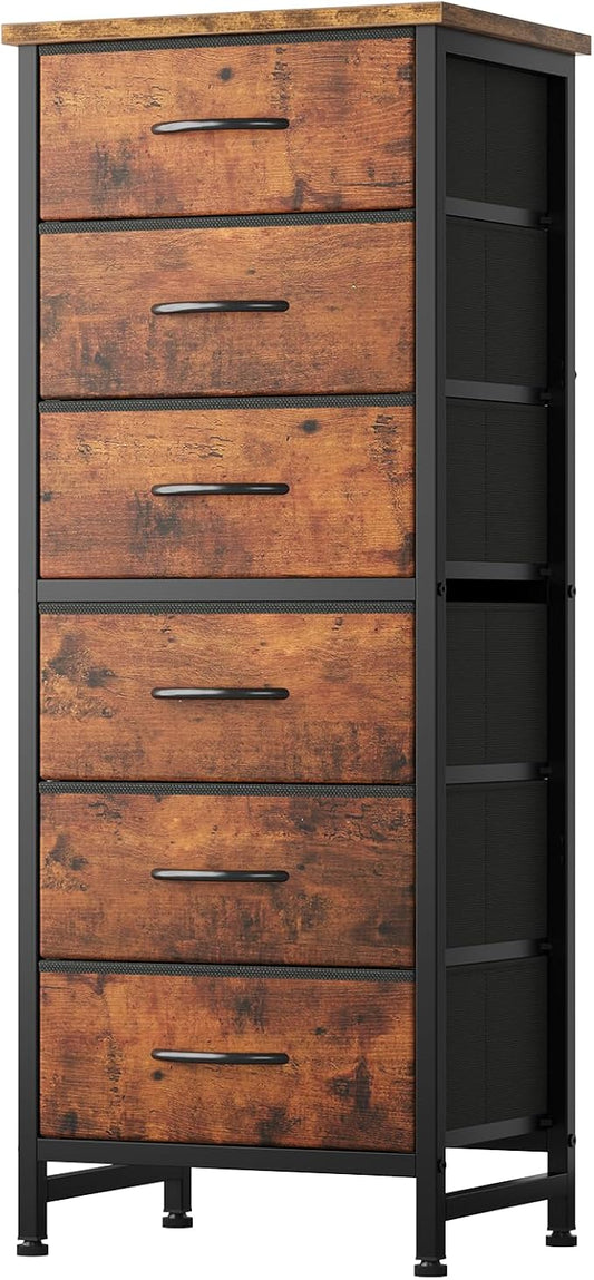 Sweetcrispy Tall Fabric Dresser for Bedroom, 6 Drawer Chest of Drawers | Narrow Storage Tower with Wood Top and Metal Frame, Vertical Nightstand for Closet, Bedroom Organization Furniture, Brown