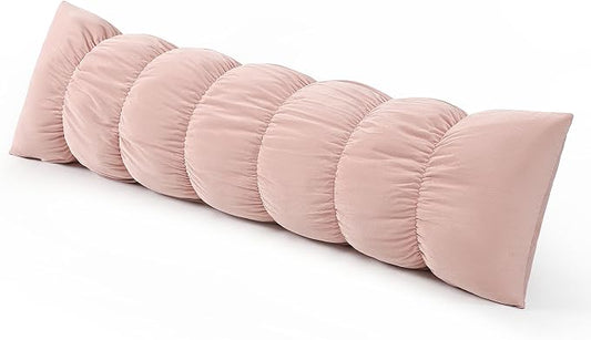 Pat. Pend. Full Body Pillow for Adults, 59 Inch, Soft Pastel Pink | Segmented long pillow for side sleepers with a removable, washable soft velvet cover; designed for comfortable bed use.