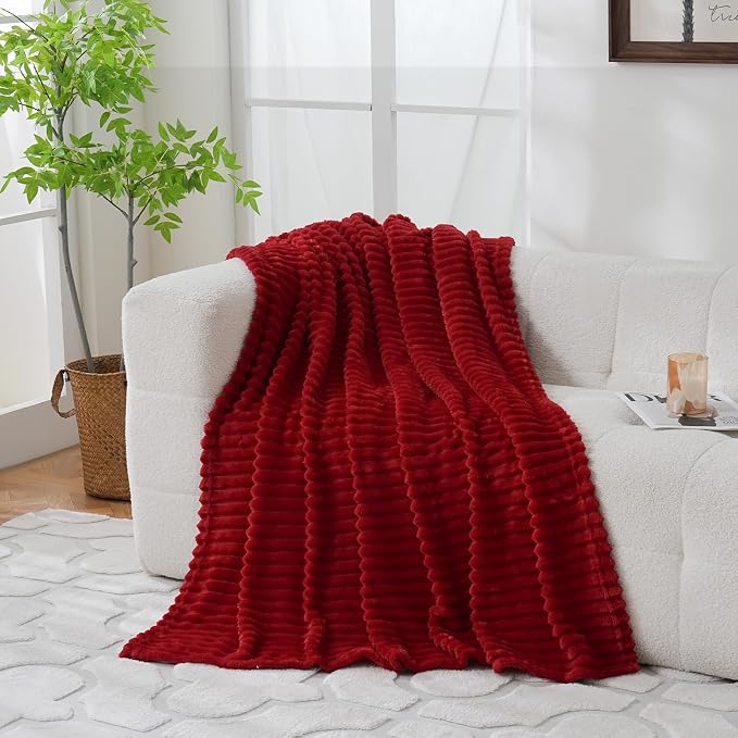 Red Fleece Throw Blanket 50”×60” for Couch Sofa Livingroom | Super Soft Cozy Plush Microfiber Flannel Bed Blanket Striped Design Lightweight Home Decor Gifts for Adults Mom Women